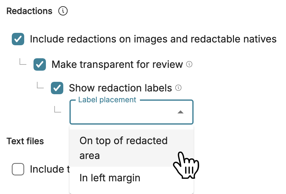 Settings for redactions including options for transparency and label placement.
